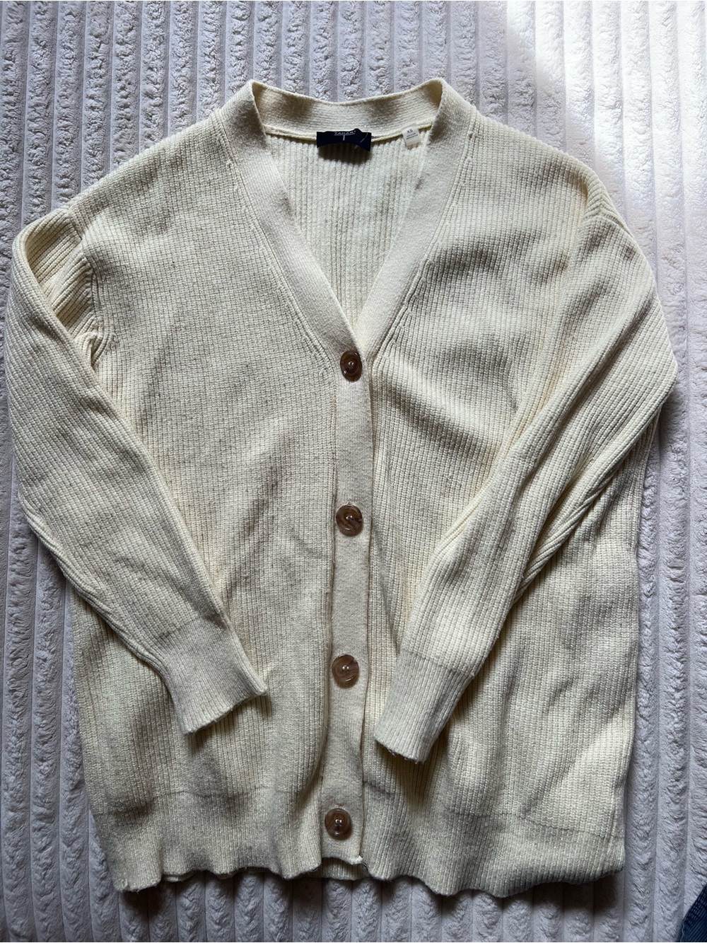 Tahari Cream Button-Front V-Neck Ribbed Cardigan